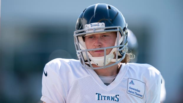 Tennessee Titans punter Ryan Stonehouse (4) walks across the field during a joint training camp practice against the Arizona Cardinals at Ascension Saint Thomas Sports Park Wednesday, Aug. 24, 2022, in Nashville, Tenn.